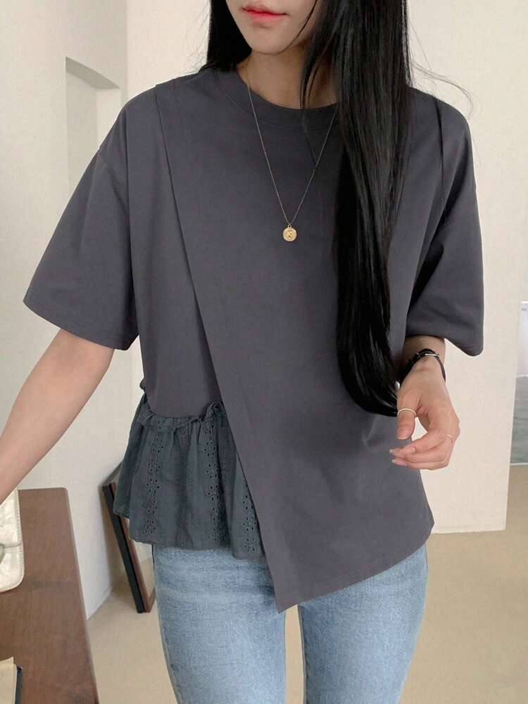 Women's Summer Solid Color Round Neck Drop Shoulder Casual T-Shirt With Ruffled Hem