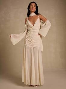 Glamine Schulterfreies Kleid mit asymmetrischem Saum, champagnerfarbenes Abendkleid, champagnerfarbenes formelles Kleid, elegante Abendkleider, glamouröses Kleid, Kleid für das Probeessen, Kleid für Hochzeitsgäste, Damen, neu in der Damenbekleidung, edle Outfits für Damen, Kleid für das Halloween-Probeessen, Brautkleid für die standesamtliche Trauung, elegantes Kleid, champagnerfarbenes Kleid