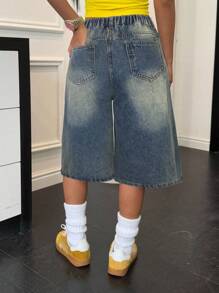 SHEIN 少女春夏 Y2K 石洗低腰宽松长短七分牛仔裤，夏季狂欢音乐会街头服饰 - 深色水洗藍 - 查看 2