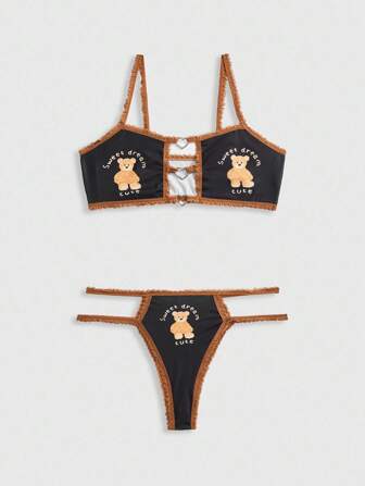 Kawaii Ensemble de soutien-gorge sans fil en métal avec motif de cœur en dentelle et ourson mignon pour femmes