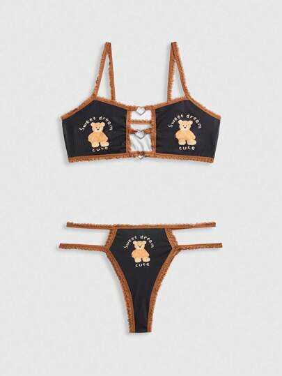 Kawaii Süßer Bär Spitze Patchwork Herz Metall Drahtloser BH-Set für Frauen