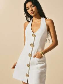 Easelle 牛仔挂脖蝴蝶结金属扣连衣裙 2025 年夏季休闲 - 黑色 - 查看 6