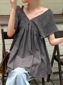 FRIFUL Áo sơ mi nữ dài vừa, xếp ly, dây rút, thường ngày, đa năng, mặc đi biển, ngày lễ - Xám - Xem 5