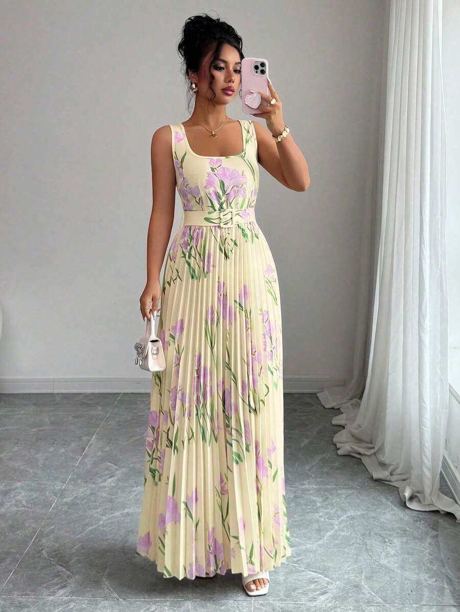 Elenzga 方领腰部收紧褶裥下摆郁金香印花连衣裙