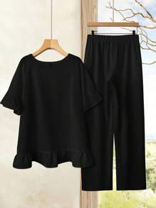 EMERY ROSE Set de 2 piezas de talla grande, camiseta de manga corta casual simple y pantalones largos, adecuado para el verano - Negro - Ver 2