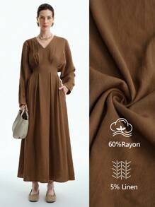 Aalyst Rochie maxi elegantă pentru femei, inspirată din stil vintage, cu talie încrețită și mânecă lungă, ținută sofisticată de birou/casual/petrecere, toamnă/iarnă - Cafea - Vizualizare 1