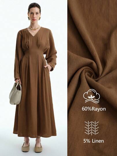 Aalyst Women's Elegant Vintage Inspired Shirred Waist Cinched Long Sleeve Maxi Dress, Sophisticated Office/Casual/Party Wear, Autumn/Winter Fall Cloth For Women