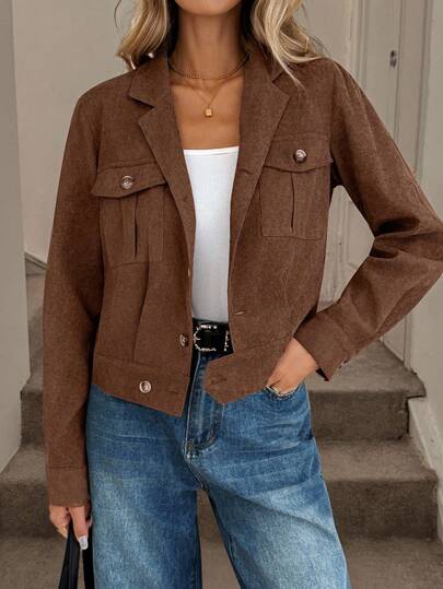 SHEIN LUNE Women's Casual Elegant Jacket With Cargo Pockets, Button Closure Brown Corduroy Jacket Brown Jacket Women Corduroy Jacket Brown Blazer Women Brown Jacket Winter Outfits For Women Winter Jacket For Women