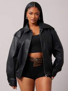 SHEIN SXY Women's Stylish Leather Jacket, New Vintage Black Bomber Jacket, Korean Chic Outerwear For Autumn/Winter Nightwing