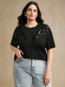 Anewsta Damen handgefertigtes besticktes Flügel Dekor lässiges einzigartiges schwarzes Kurzarm T-Shirt, Sommer, Damen Urlaubskleidung - Schwarz - Übersicht 5
