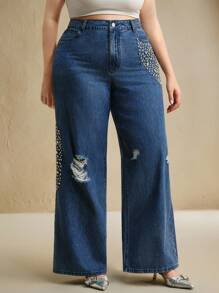 Anewsta جينز نسائي بقصة ساق مستقيمة مزين بالراين ستون والخرز، كاجوال وأنيق للمقاسات الكبيرة