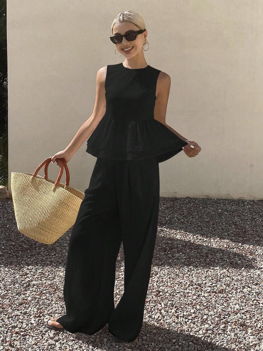 DAZY Women's Elegant Sleeveless Ruffle Trim Top And Wide Leg Pants 2 Pieces Set - Black - View 1