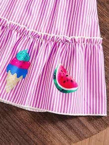 两件套女童套装，荷叶边袖上衣印有有趣的冰淇淋图案，搭配条纹裙。女童夏季套装，冰淇淋主题套装，女童夏季裙装，冰淇淋衬衫，女童秋季服装，返校季穿搭。 - 粉色 - 查看 4