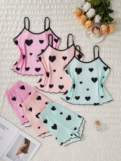 3 件套少女心形印花荷叶边吊带上衣和短裤睡衣套装，可作为睡衣或休闲室内装穿着，6 件套休闲套装适合所有季节（3 套单独出售）