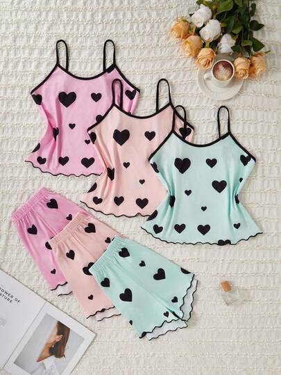 3 件套少女心形印花荷叶边吊带上衣和短裤睡衣套装，可作为睡衣或休闲室内装穿着，6 件套休闲套装适合所有季节（3 套单独出售）