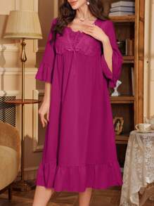 Women's 3D Embroidery 2 In 1 V-Neck 3/4 Sleeve Ruffle Hem Nightgown, Moo Moo, Fall, Winter