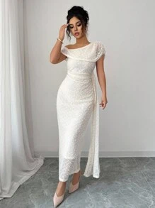 Elenzga 女式性感针织镂空毛绒球优雅紧身长裙，夏季 - 杏色 - 查看 6