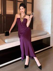 DAZY Đầm midi không tay cổ chữ V đính sequin cho nữ, đầm cưới nữ, đầm hè nữ, đầm chống nắng. - Màu tím - Xem 3