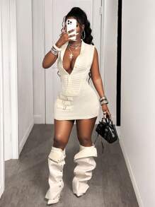 BamGleam 女士针织白色V领长袖罗纹迷你连衣裙，配方形金属纽扣