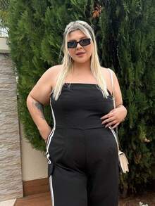 magalhaesca Plus Size Fashionable Jumpsuit, Suitable For Back To School, Outing, Campus Style, Daily Wear, Contrast Striped Patchwork Large Pocket Design, Stylish And Likable - Black - View 6