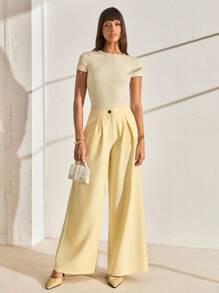 CLARA VERO Women's Butter Yellow High Waist Wide Leg Elegant Suit Pants - Yellow - View 4