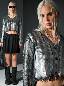 CasuGlow Women Foil Print Cable Knit Silver Knit Cardigan Button Front 2000s Style Y2k Clothes Silver Metallic Top - Silver - View 7