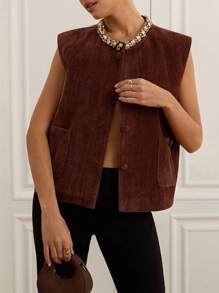 Revavyn Autumn/Winter New Rhinestone Decor Collar Pocket Vest Jacket - Brown - View 4