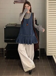 DAZY 女式无袖宽松休闲牛仔百褶下摆衬衫 - 中等水洗藍 - 查看 3