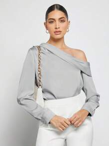 BizChic 春夏新款不对称设计褶皱肩部宽松长袖缎面衬衫，现代优雅都市通勤日常浪漫90年代复古风圣诞节新年情人节派对海滩毕业时尚嘉年华假日百搭简约浪漫风，适合婚礼宾客、主人、约会、派对、音乐会、早午餐、机场等多种场合。 - 灰色 - 查看 10