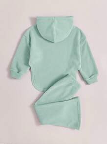 SHEIN Leap Crew 2 件装年轻女孩连帽套头衫，带不对称下摆和裤子套装 - 薄荷綠 - 查看 5