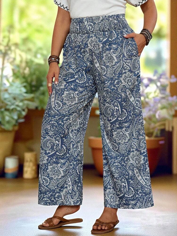Plus Size Women's Vacation Cashew Print Pocket Loose Wide Leg Pants,Plus Size Women Clothes,Gifts For Mother,Bohemian Clothes,Fall Women Clothes ,Summer Holiday,Vacation Outfits Women,Simple And Fashionable For Everyday Wear,Paisley Print Pants,Gifts For Mother,Bohemian Clothes,Going Out Outfits
