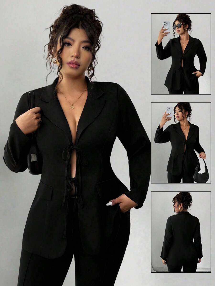 Elenzga Plus Size Women Lapel Collar Ruffle Hem Tie Front Blazer Jacket, Minimalist Plain Color, For Work And Commute Fall Cloth For Women - Black - View 1