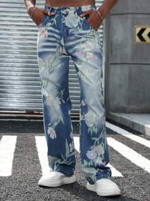 Manfinity LEGND 男士休闲玫瑰印花胡子条纹水洗宽松直筒牛仔裤，春夏