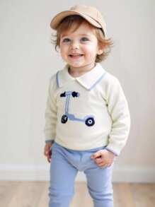 SHEIN Playful Pals 2pcs Baby Boy Casual Sweater Co-Ord Set - White Sweater With Toy Car Pattern + Knitted Blue Pants, Soft & Comfortable For Daily, Outing, Travel, Holiday, Home, Daycare, And Play Fall Winter - Blue and White - View 7