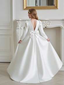 青少年女孩优雅长款白色缎面蝴蝶结露背长袖连衣裙 - 白色 - 查看 1