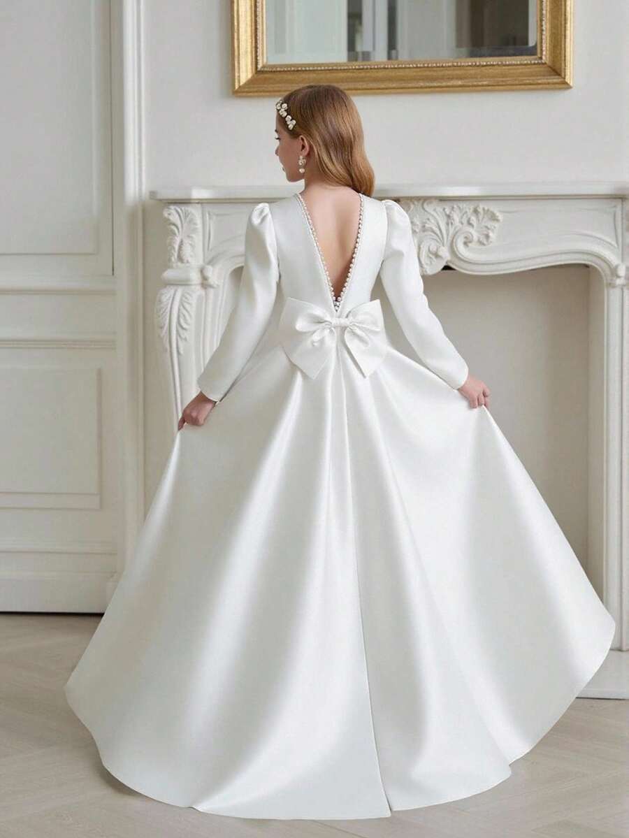 青少年女孩优雅长款白色缎面蝴蝶结露背长袖连衣裙 - 白色 - 查看 1