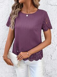 SHEIN Clasi Women's Casual Scoop Neck Short Sleeve Printed Shirt, Spring/Summer - Purple - View 5