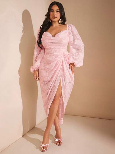 SHEIN BAE Plus Size Women's Elegant Party Date Sexy Glitter  Draped Neck Ruched Asymmetrical Hem Slit Dress With Long Sleeve, Pink Dress,Modest Dresses For Women ,Date Night Outfits Women,Travel Outfit Airport ,Halloween Costumes,Fall Clothes Plus Size,Autumn,Back To School Clothes,Y2k Outfit ,Homecoming Dress,Concert,Wedding Guest Dress/ Plus Size Pink Dress/ Curve Pink Dress/ Puffy Sleeve Dress/Birthday Dresses For Women/Western Wear Women/Dresses For Women Party/Christmas/Going Out,Wedding Guest Dress Women,Fall Clothes For Women,Elegant Dresses For Women
