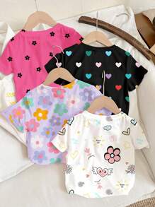 SHEIN 4 件套女婴休闲简约圆领短袖 T 恤，适合春夏季