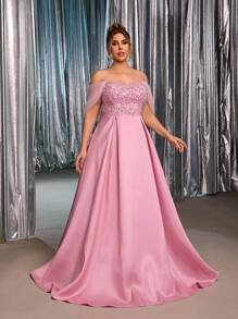 Glamrae 加大码优雅浪漫奢华莲花粉色奢华亮片设计串珠刺绣网眼拼布不对称领口褶皱长裙，适合晚会、单身派对、约会、舞会、度假、毕业典礼、婚礼、正式场合（重度装饰） - 藕粉色 - 查看 6