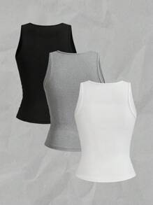 Slaydiva 3pcs/Set Women Casual Deep Notched Neck Ruched Fitted Camisole Set, Suitable For Summer