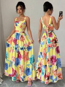 Elenzga 女士花卉印花收腰 A 字形连衣裙，适合度假、日常和通勤休闲穿着 - 黃色 - 查看 1