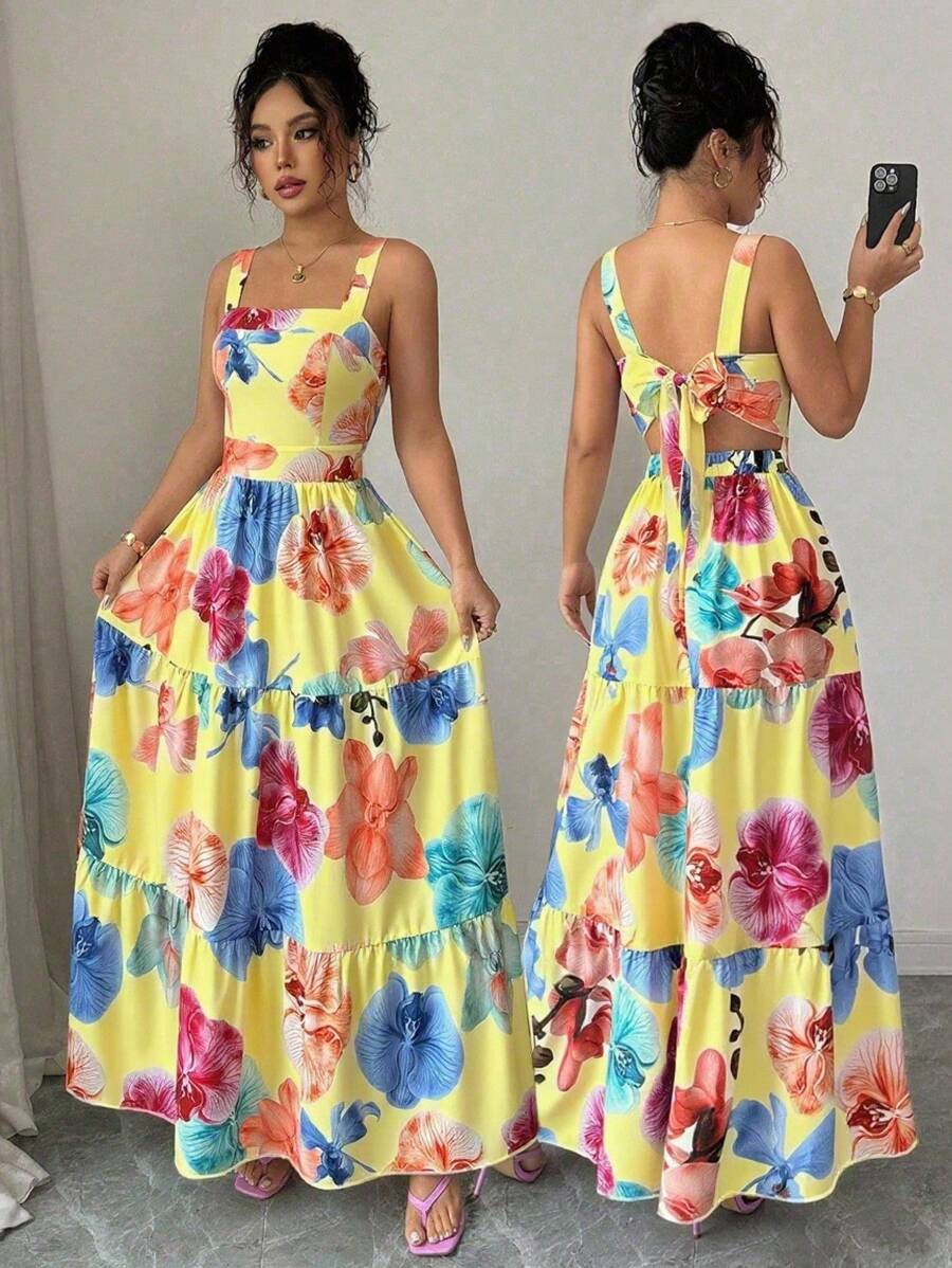 Elenzga 女士花卉印花收腰 A 字形连衣裙，适合度假、日常和通勤休闲穿着 - 黃色 - 查看 1