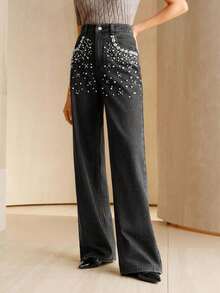 Anewsta Celana Jeans Biru Wanita Mewah Berhiaskan Manik-Manik dan Berlian Imitasi ala Prancis - Light Wash - View 4