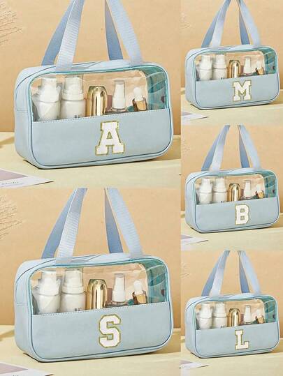 SHEIN 1 PIEZA Bolsa de aseo transparente con letras, nueva bolsa de maquillaje cuadrada de unicolor a la moda con letras bordadas, organizador de maquillaje portátil impermeable de PVC con chenilla y letras, accesorios de baño organizador de maquillaje