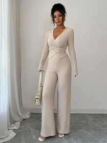 Gloray Bộ 2 món áo thun dài tay cổ chữ V thanh lịch màu mơ thu đông mới kèm cà vạt chéo + quần ống rộng cạp chun cho nữ - Màu be - Xem 5