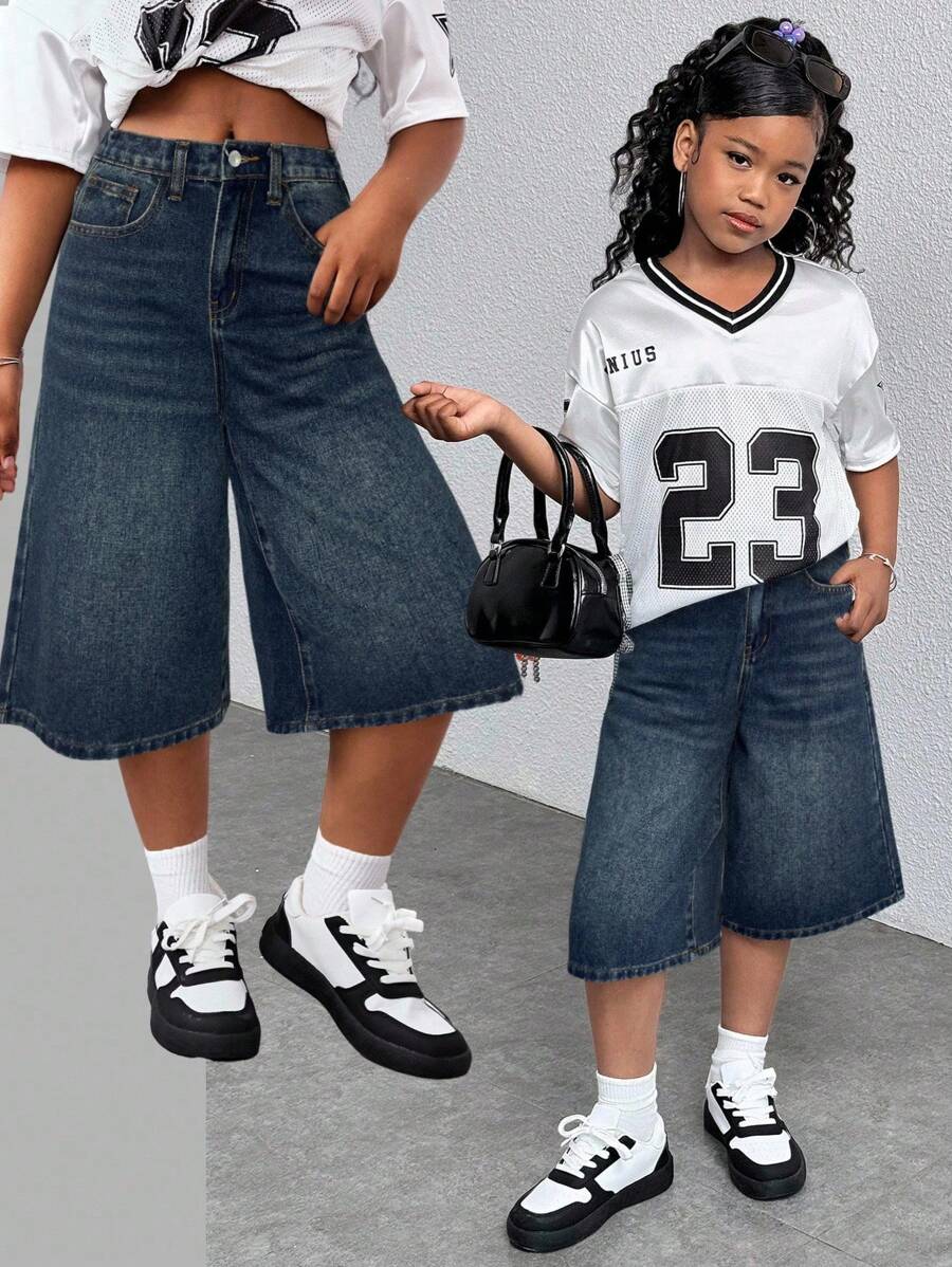 SHEIN 青少年女孩 Y2K 时尚休闲百搭街头服饰浅蓝色复古洗水牛仔宽松高腰百慕大短裤牛仔宽松长短阔腿牛仔裤，夏季海滩波西米亚风度假音乐会节日休闲狂欢，早午餐教堂毕业，街头服饰返校 - 藍色 - 查看 1