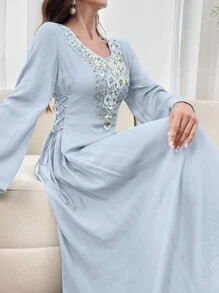 Al Najma Women's Elegant Embroidered & Beaded Arabic Style Long Dress,Modest