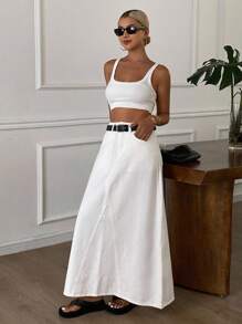 DAZY 女士休闲A字型牛仔长裙 - 白色 - 查看 6