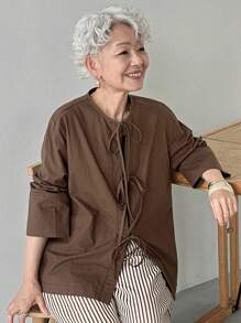 FRIFUL 女式棉麻混纺宽松蝴蝶结前抽绳休闲长袖衬衫上衣，秋季棕色衬衫女式棕色系带前衬衫大地色衬衫女式棕色衬衫棕色上衣 - 棕色 - 查看 6